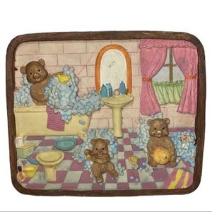 Vintage Teddy Bear Bathing Ceramic Wall Plaque 3D Textured